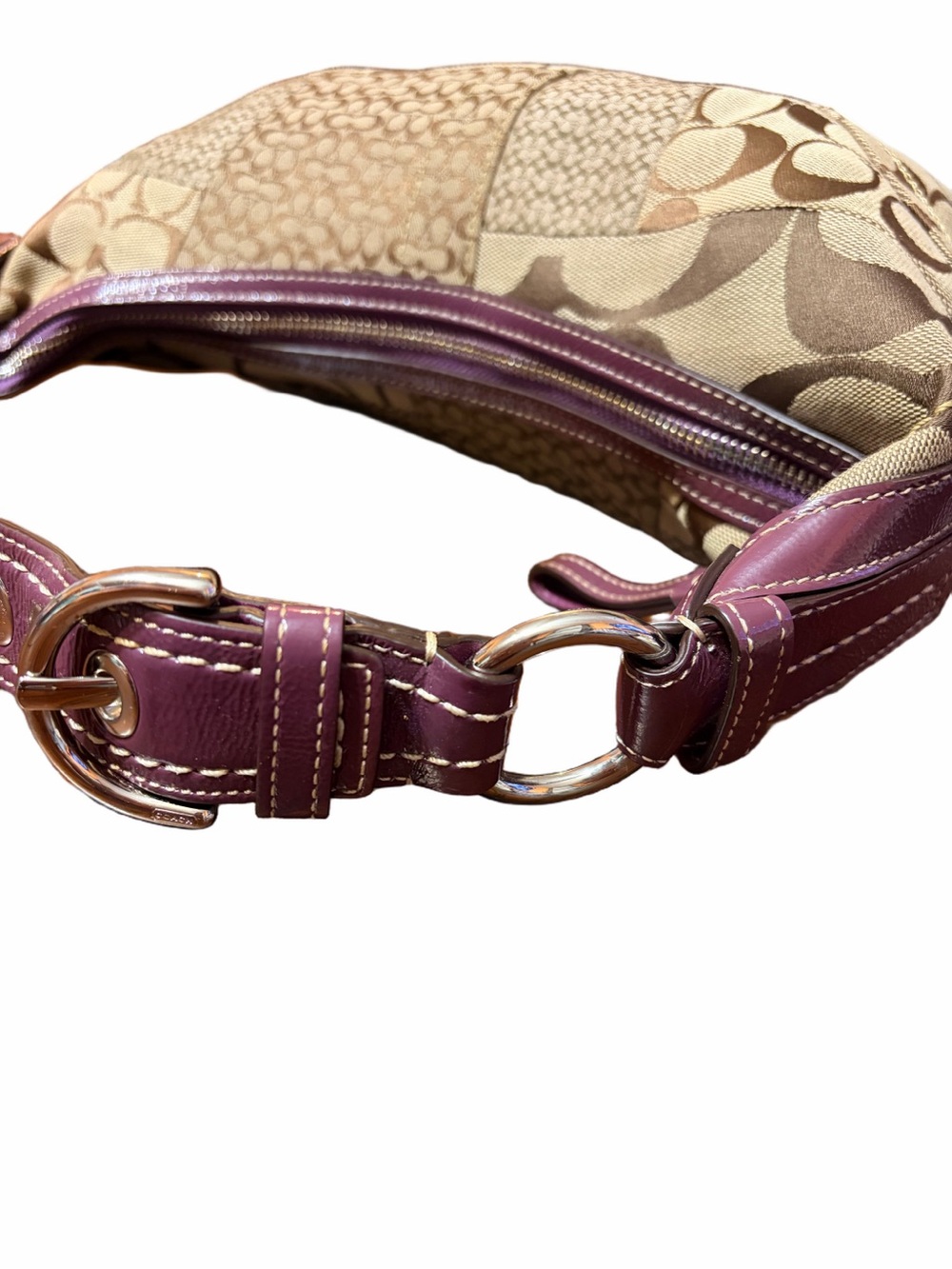 Vintage Coach Soho CrescentSignature Patchwork Small Hobo Y2K Khaki Burgundy - Picture 7 of 11